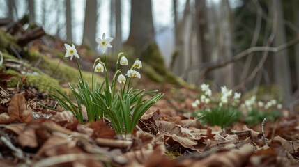 Leucojum vernum flowers in the forest during springtime in the mountains - obrazy, fototapety, plakaty