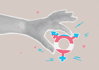 transgender symbol, lgbt pride banner, hand holding sign, pride month illustration in magazine style