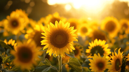 Fototapeta premium A Field of Yellow Sunflowers In Summer. 