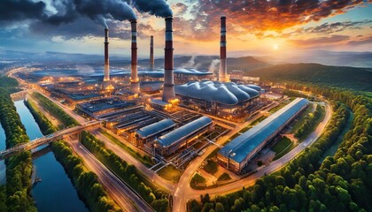 Top view, Energy-efficient factories and industrial complexes utilize advanced technologies like...