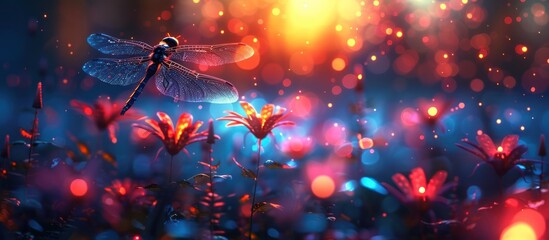 Abstract image of silhouettes of dragonflies and fireflies flying in the night forest