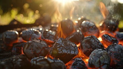 Charcoal briquettes grilling under the afternoon sun - obrazy, fototapety, plakaty