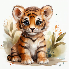 Watercolor Javan tiger, clipart Illustration, Generative Ai - obrazy, fototapety, plakaty