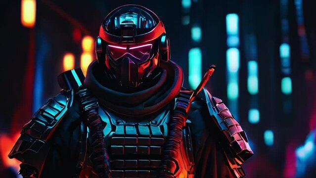 Futuristic robot cyborg with neon cyberpunk light helmet. A robotic android with cybernetic metallic helmet and body armor suit. Sci-fi and futuristic concept