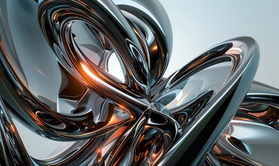 Illustrate the concept of innovation through a 3D rendering of a abstract sculpture, combining industrial materials like metal and glass to represent the fusion of creativity and technology