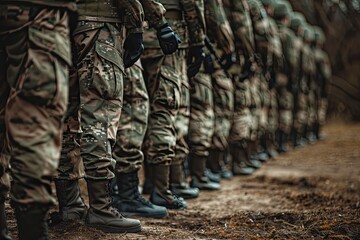 A line of uniformed soldiers standing at attention, showcasing military discipline and unity, with a focus on their camouflage uniforms.