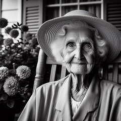 Portrait of an elderly woman in a hat. Black and white photo.