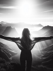 Young woman with arms outstretched enjoying the view from the top of a mountain. Black and white image.