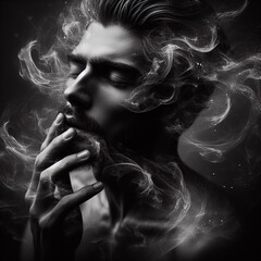 Portrait of a young handsome man with smoke on a black background. Black and white.