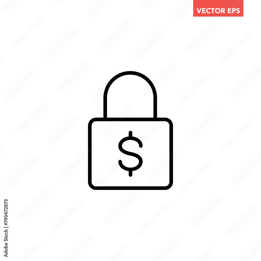 Poster single black finance security line icon, simple dollar lock flat design vector pictogram, infographi