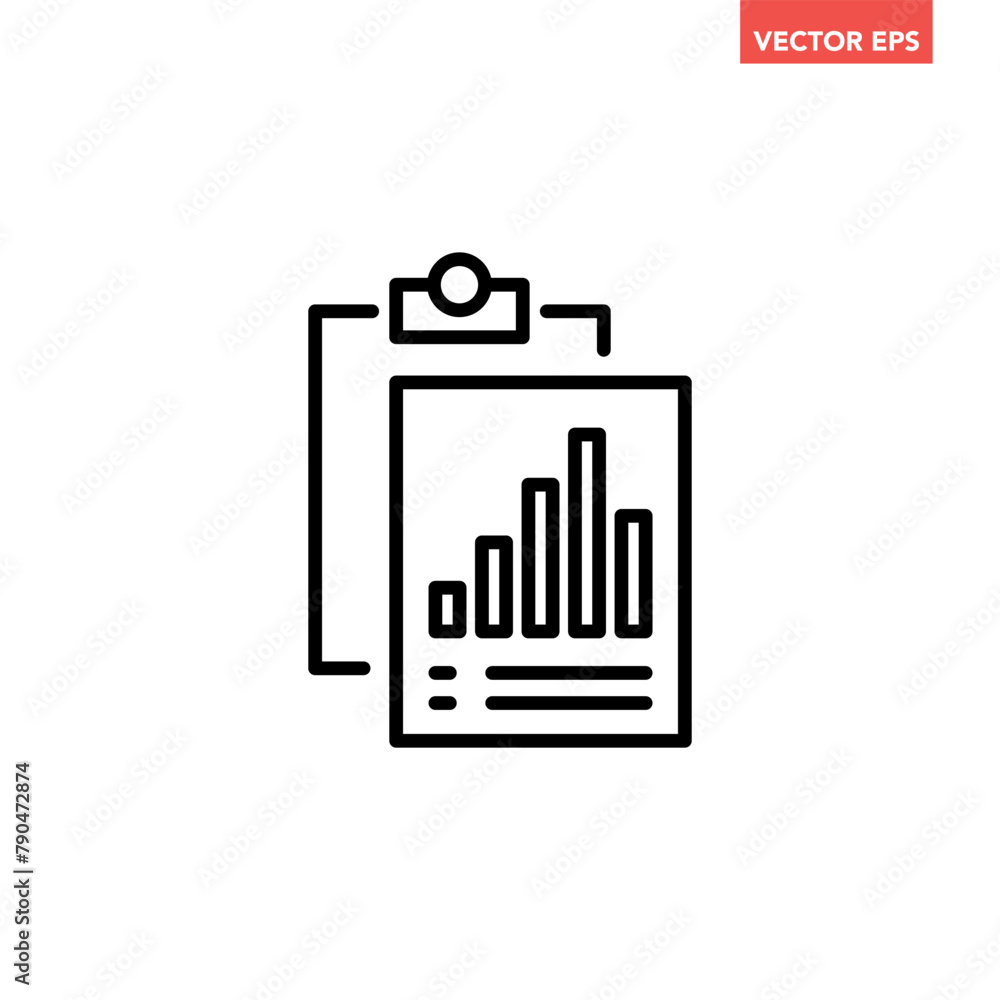 Poster black single financial research line icon, simple business report flat design vector pictogram, info