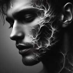 Abstract portrait of a young man. Black and white image.