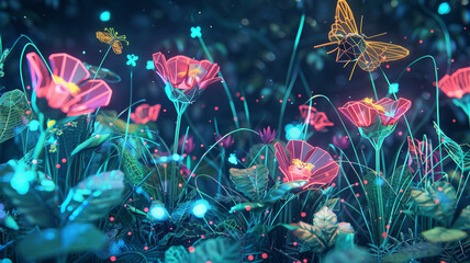 A digital garden with neon flowers and low poly insects, illustrating the ecosystem of the internet and its communicative flora and fauna