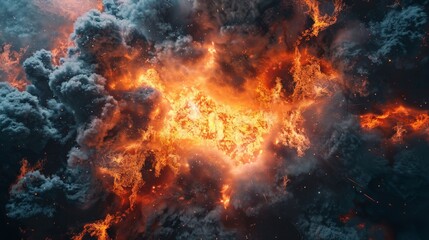 Step into the chaos of a fiery explosion with this captivating image of a large fireball surrounded by thick black smoke