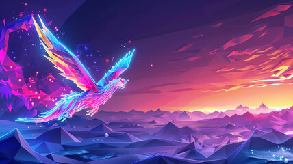 A digital neon phoenix soaring across a low poly sky, symbolizing the rebirth of communication in the digital era