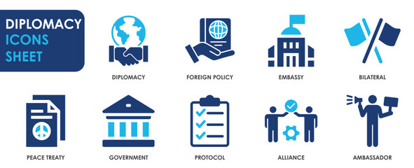 Diplomacy icon set. Containing ambassador, negotiation, embassy and so on. Foreign policy icons set. - obrazy, fototapety, plakaty