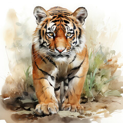 Watercolor Javan tiger, clipart Illustration, Generative Ai