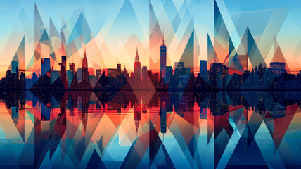 A series of abstract, geometric patterns that together form a mosaic of an imagined urban skyline at dusk