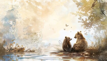 Capture the essence of long-shot friendship in a detailed watercolor painting, showcasing two unlikely companions bonding in a serene setting - obrazy, fototapety, plakaty