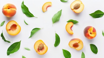 Sliced and halved peach with leaves on a white background and a clipping path