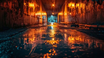 the urban underworld of a dark street, where rain-soaked asphalt reflects the faint glow of streetlights, creating a hauntingly beautiful scene captured with unparalleled realism by an HD camera - obrazy, fototapety, plakaty
