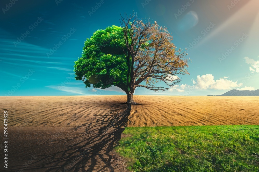 Poster tree in ecology and drought concept. climate change and record heat. background with selective focus