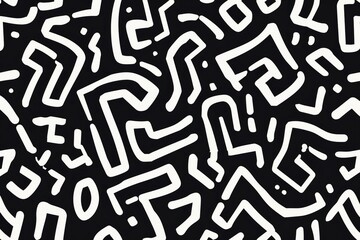 A black and white abstract painting with white lines and shapes