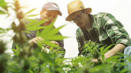 Two men examining plants in a garden, involved in agriculture or botany, wearing casual outdoor attire.
