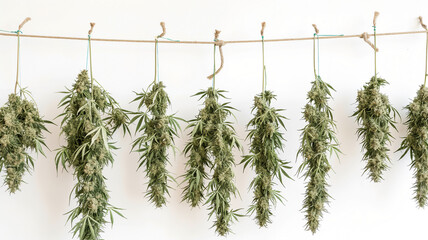 Cannabis plants hanging upside down for drying on a rope against a white background.