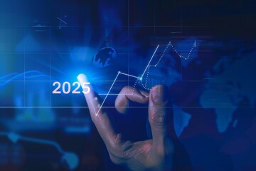 A man is pointing at a graph on a computer screen that says 2025. Concept of progress