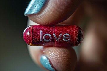 Tablet or pill with the inscription Love. Background with selective focus