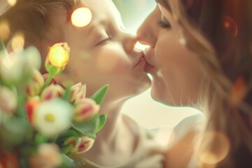 A mother and child are kissing each other while holding a bouquet of flowers. Happy Mother's Day concept