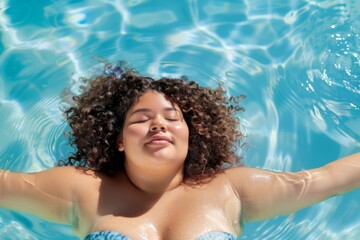 A woman with curly hair is floating in a pool