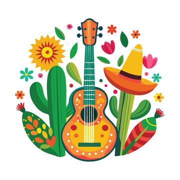 recommend clip art: Vector of cactus tree with sombrero and Guiter and flowers with mustache decoration illustration for Cinco de mayo clipart set, Collection of design element vector for Mexican festival day vector