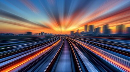Abstract view, train tracks at speed, illusion of futuristic travel, dynamic motion blur, photorealism, professional, fisheye lens, digital art, AI Generative