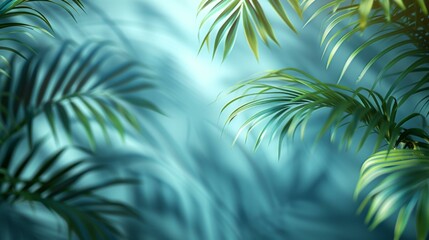Blurred shadow of palm leaves on light blue wall, minimal abstract background, perfect for product presentation, AI Generative