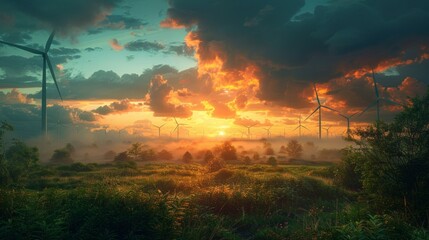 Breakthroughs in renewable energy, sleek turbines on lush landscapes, synergy of nature and tech, sunrise, optimistic glow, AI Generative