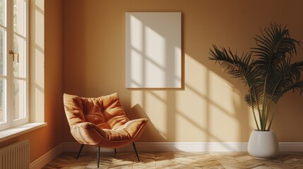 canvas next to beige wall, minimalist living room, single armchair scene, photorealistic, AI Generative