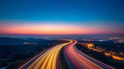 bustling highway weaving through countryside under starlit sky, embodying movement and connectivity, vibrant, mysterious, AI Generative