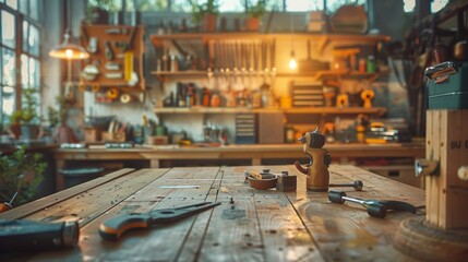 Carpenter's dream, comprehensive set of DIY tools, neatly arranged on wooden table, AI Generative - obrazy, fototapety, plakaty