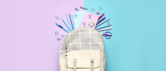 Stylish school backpack with different stationery supplies on colorful background
