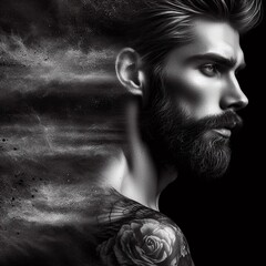 Portrait of a man with a long beard and a tattoo on his body. Black and white. 