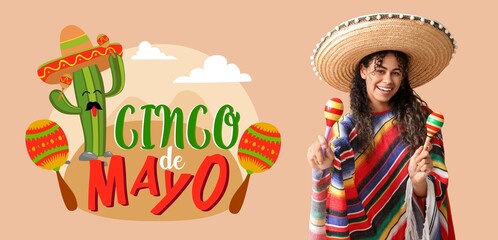 Beautiful African-American woman in sombrero hat, poncho and with maracas on beige background. Banner for Cinco de Mayo (the 5th of May)
