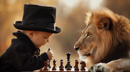 A Game of Kingdoms: A Young Chess Prodigy in Solemn Concentration, Strategizing Moves with the Lion, King of Beasts. - obrazy, fototapety, plakaty