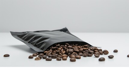 A black pack of 200 grams with coffee beans on which empty On a white background in good studio lighting all in focus  