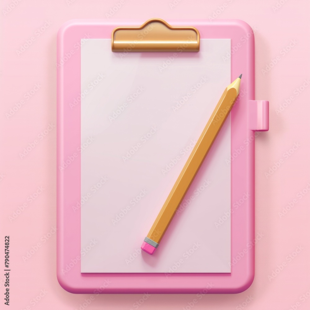 Poster craft a 3d icon showcasing a clipboard and pencil set against a soft pink background, embodying the 
