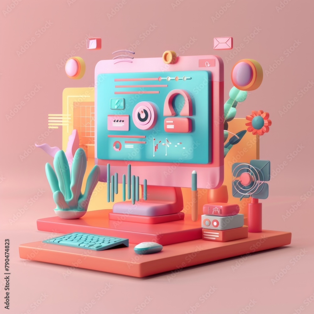 Poster craft a 3d icon focused on the fusion of application development and seo analysis. depict an interac