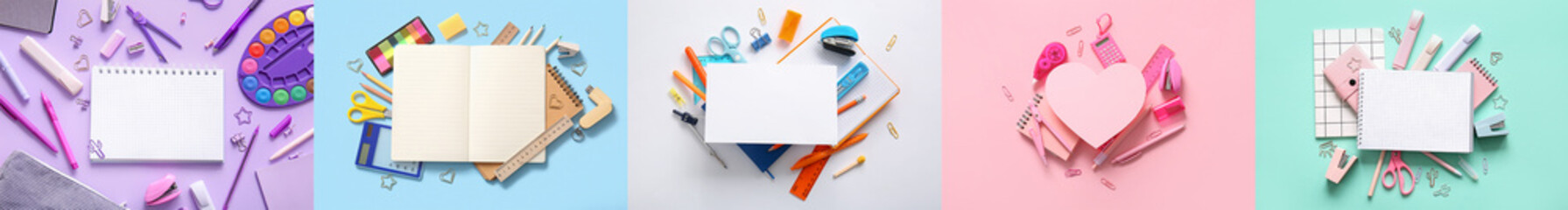 Collage with many school supplies on color background, top view