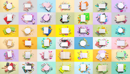 Collage with many school supplies on color background, top view