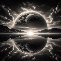 Fantasy planet in the clouds with reflection in water. Black and white print art.